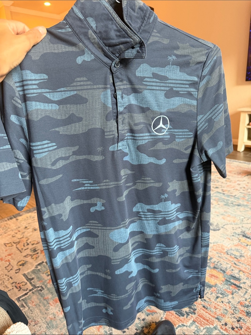 Travis Mathew Navy Blue Camo Polo with Mercedes Emblem